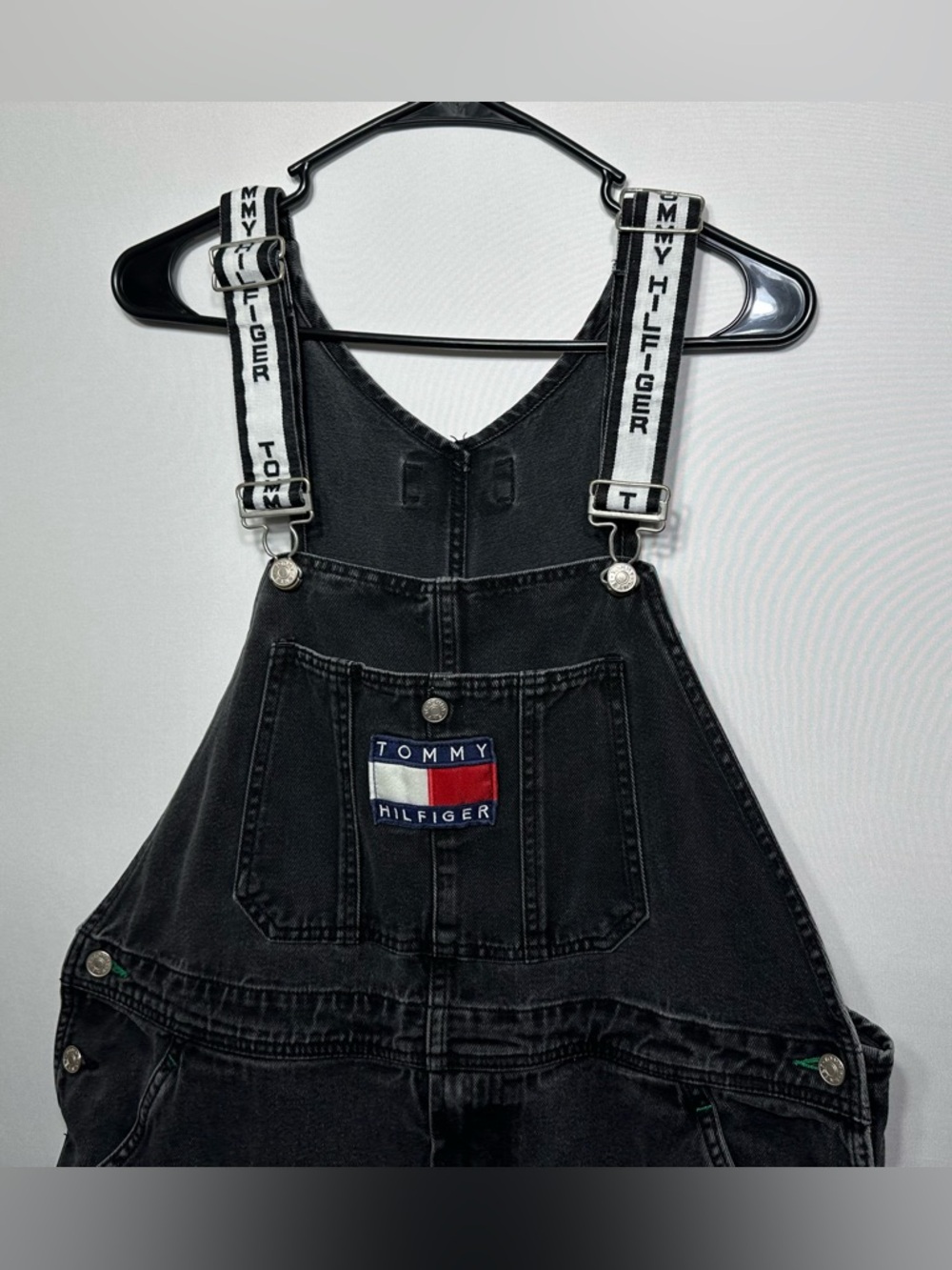 VTG 90's Tommy Hilfiger Black Denim Flag Logo OG Hip Hop Baggy Bib Overalls Sz L